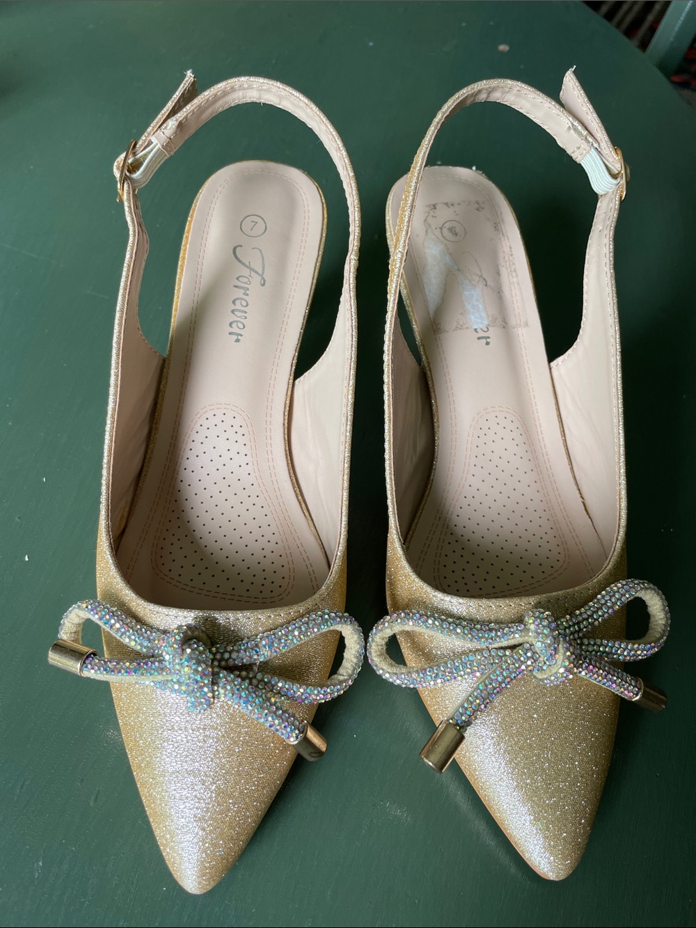 Forever Size 7 Gold Glitter Slingback Heels with Iridescent Bow